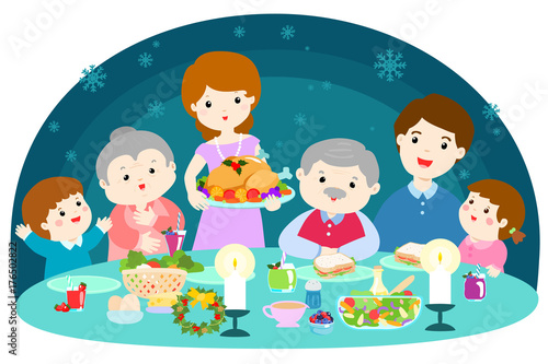 Happy family having a Christmas dinner vector.