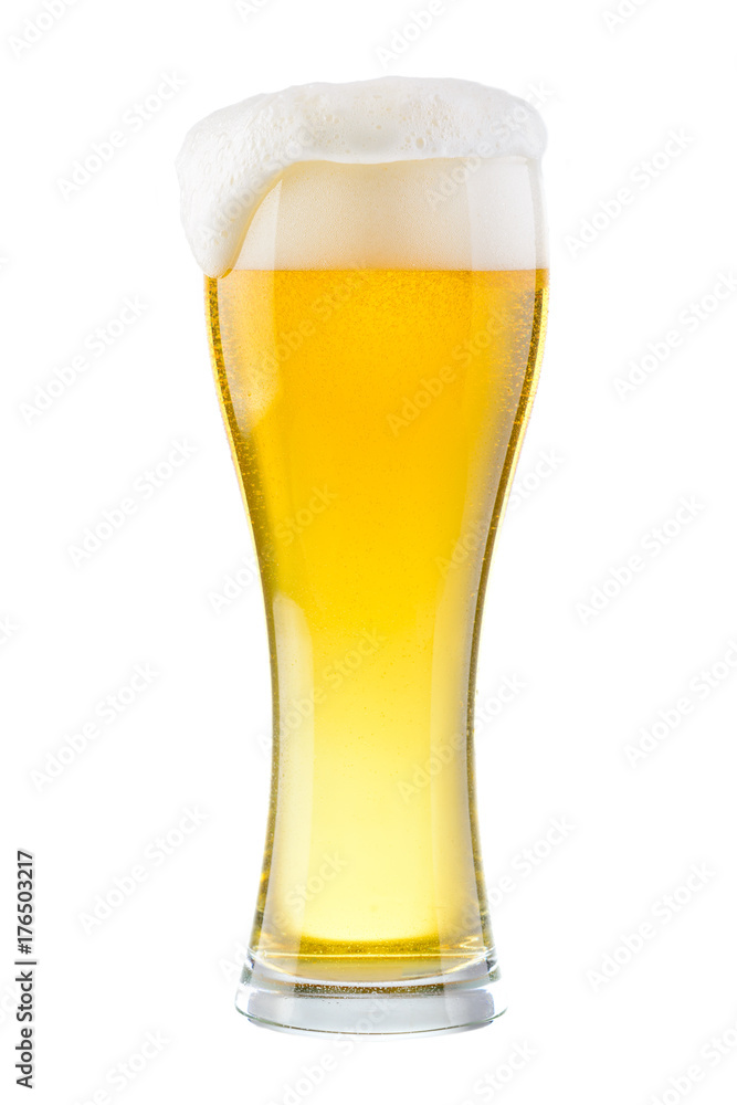 Wet glass of fresh cold light beer with foam isolated on white background Wet glass of fresh cold light beer with foam isolated on white background