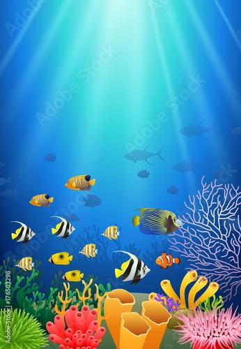 Colorful coral reef with fish and stone arch on a blue sea background. Vector Illustration.