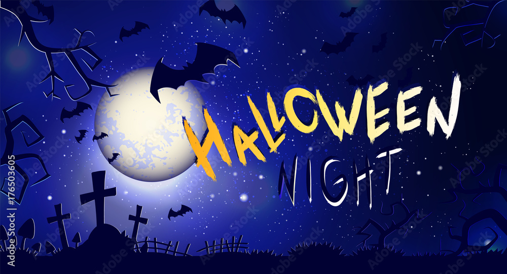 Vector Halloween illustration with full moon, graves, bats and text.