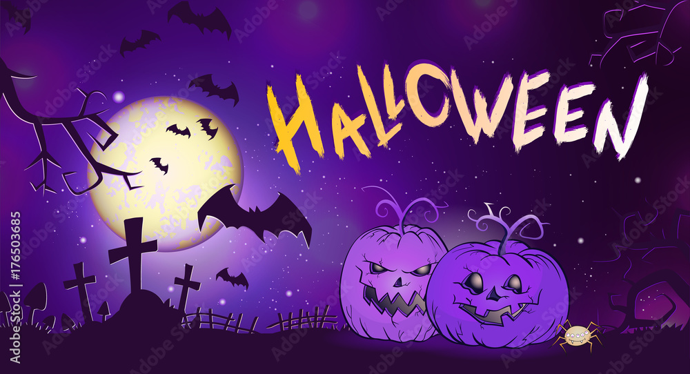 Vector Halloween illustration with pumpkins head, graves, bats and text.