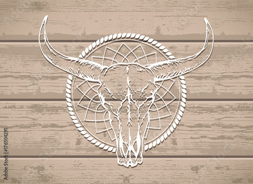 Vector illustration with a wild buffalo skull on a wooden background.