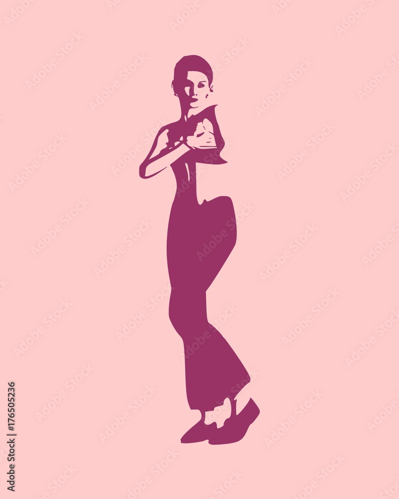 Young woman covering her breast by hand. Vector illustration. Female figure posing