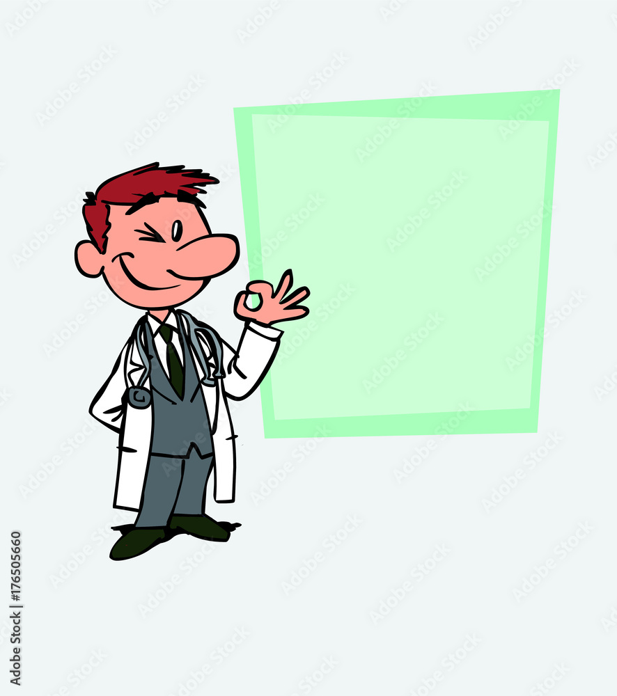 Happy white doctor makes the gesture of ok. Is showing, as in a presentation, the data you want. Happy white doctor makes the gesture of ok. Is showing, as in a presentation, the data you want.