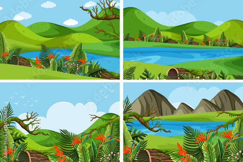 Four scenes with mountains and lake