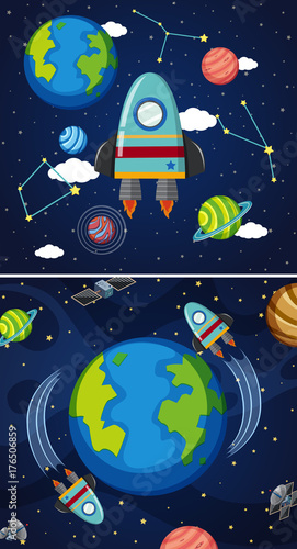 Two scenes of earth and spaceships in space