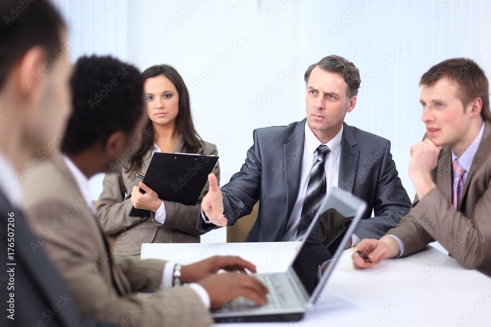 businessman holds working meeting with employees businessman holds working meeting with employees