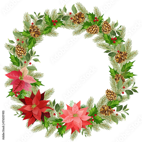 Fototapeta Naklejka Na Ścianę i Meble -  Christmas wreath of red poinsettia and leaves. Place for your text. Watercolor vector illustration.