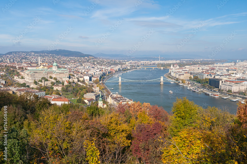 View of Budapest from Gellert Hill. Danube River which separates Buda and Pest, Budapest, Hungary
