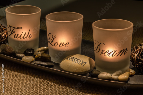 Feng shui glass candle holders imprinted faith, love, passion, dream
