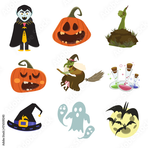 Happy Halloween scary elements collection. Vector holiday set of spooky cartoon illustrations. Trick or treat design characters.