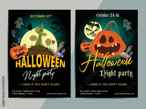 Happy Halloween party poster template design. All hallow eve flyer in scary cartoon style. All saint holiday club event layout. Vector illustration