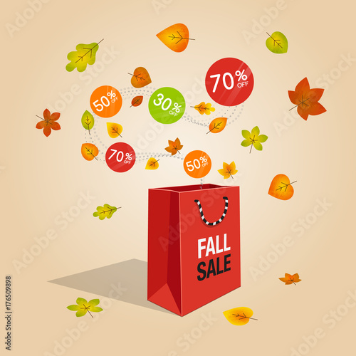 Special fall offer sale symbol with shopping and flow labels and leaves isolated on light background. Easy to use for your design with transparent shadows.