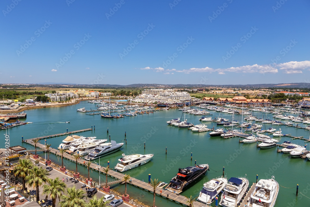 Aerial. View from the sky of marina and yacht Vilamoura. Faro.