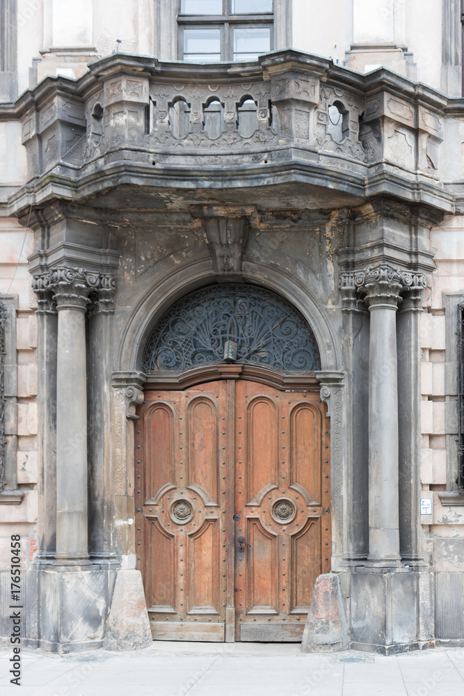 Beautiful, old, decorated wooden door, Wroclaw, Poland