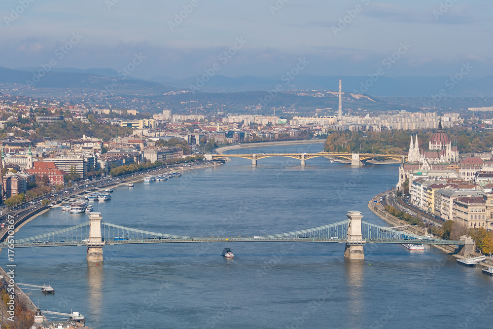 Obraz premium View of Budapest from Gellert Hill. Danube River which separates Buda and Pest, Budapest, Hungary