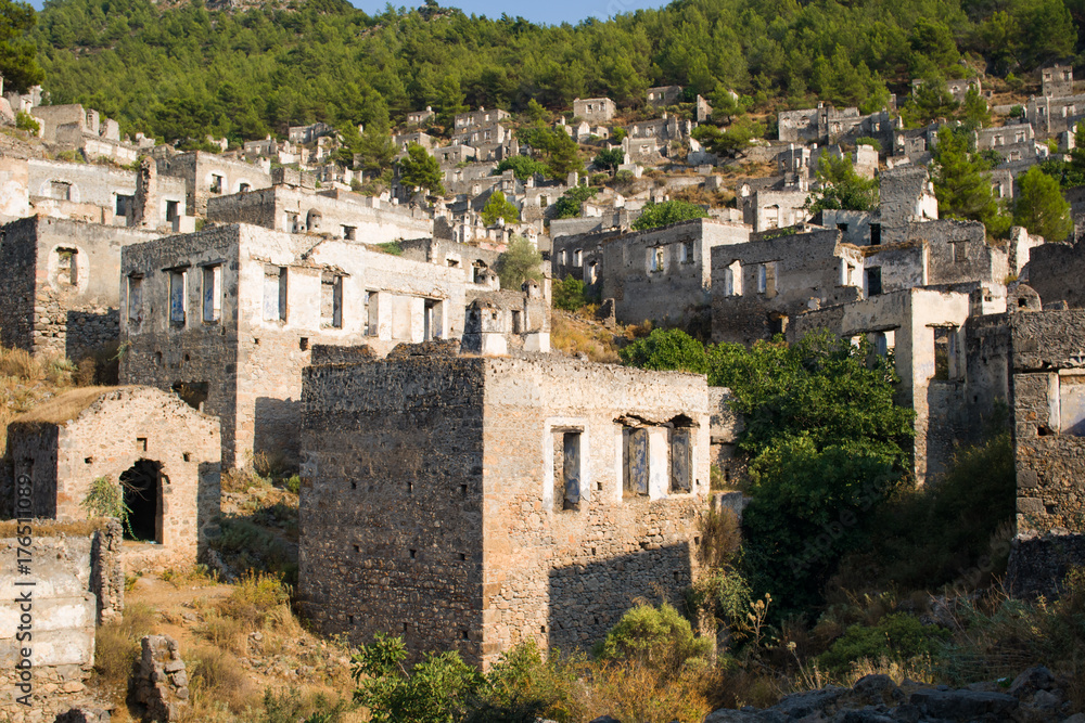View of abandoned houses at village Kayakoy near Fethiye,Turkey, selective focus