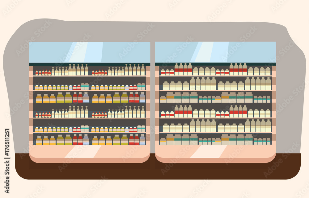 dairy department, milk shelf with fresh healthy food in supermarket, big choice of organic farm products sale in food shop interior, store with yogurt and cheese vector illustration