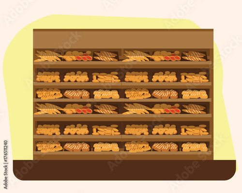 bakery shelf with bread in supermarket, big choice of fresh products sale in food shop interior, store vector illustration