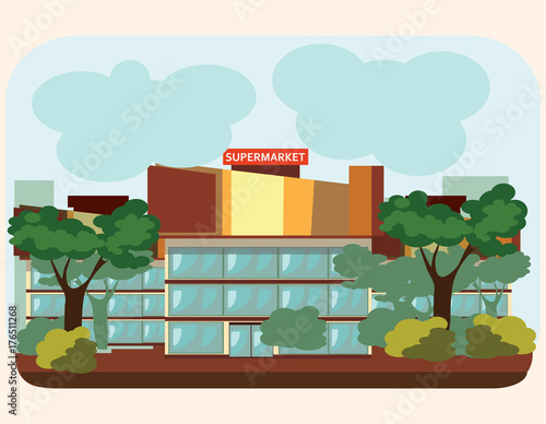 supermarket building standing on the street, food and other products sale in city shop facade, urban store construction, market exterior with windows signs and doors, architecture vector illustration