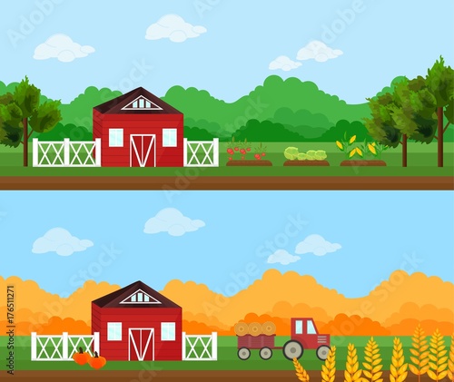 Farm village in summer and autumn season Vector. Beautiful backgrounds