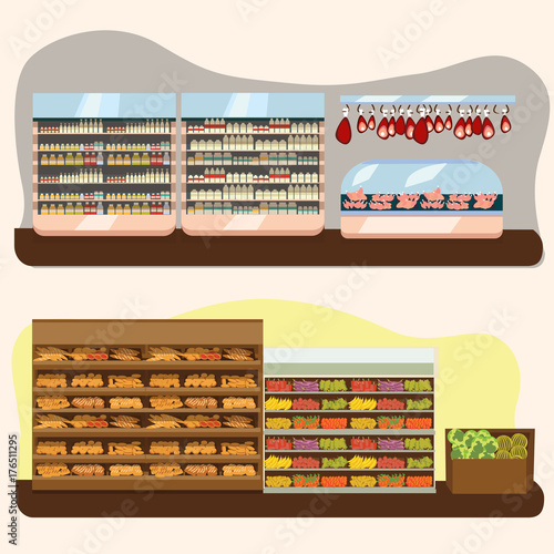 set of supermarket departments, fruit and milk food store, grocery row with vegetable products on shelfs in market, bread bakery shop interior vector illustration, meat and sausage in refrigerator