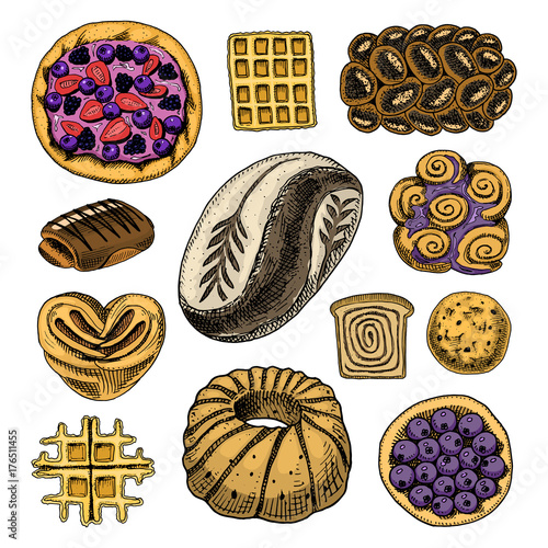 bread and pastry donut Belgian waffles and fruit pie. sweet bun or croissant, muffin and toasts. engraved hand drawn in old sketch and vintage style for label and menu bakery shop. organic food.