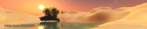 oasis  lake with palm trees on the beach in the sandy desert  3d rendering  