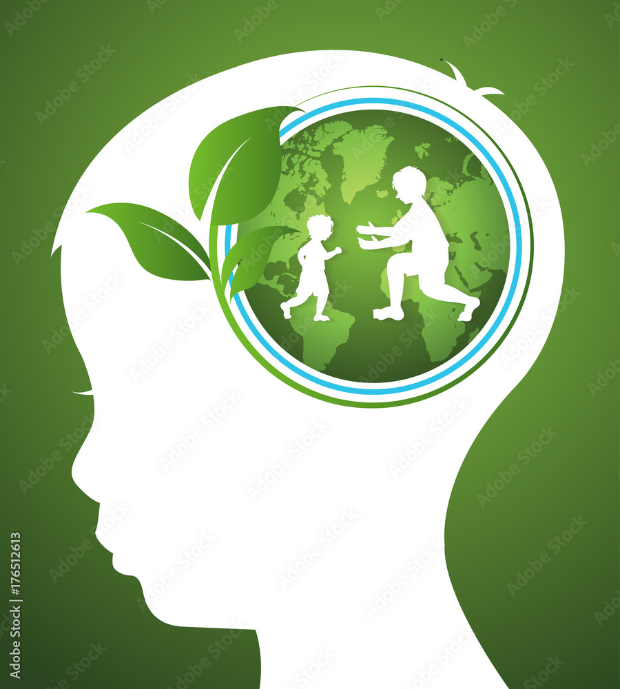 concept of ecology with earth and leaf in head kids.vector concept of ecology with earth and leaf in head kids.vector