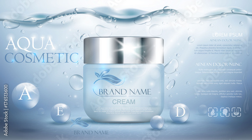 Aqua cream moisturizing cosmetic. Advertising realistic underwater blue template. Skincare promotion. Hydrating facial 
Lotion. Vector illustration
