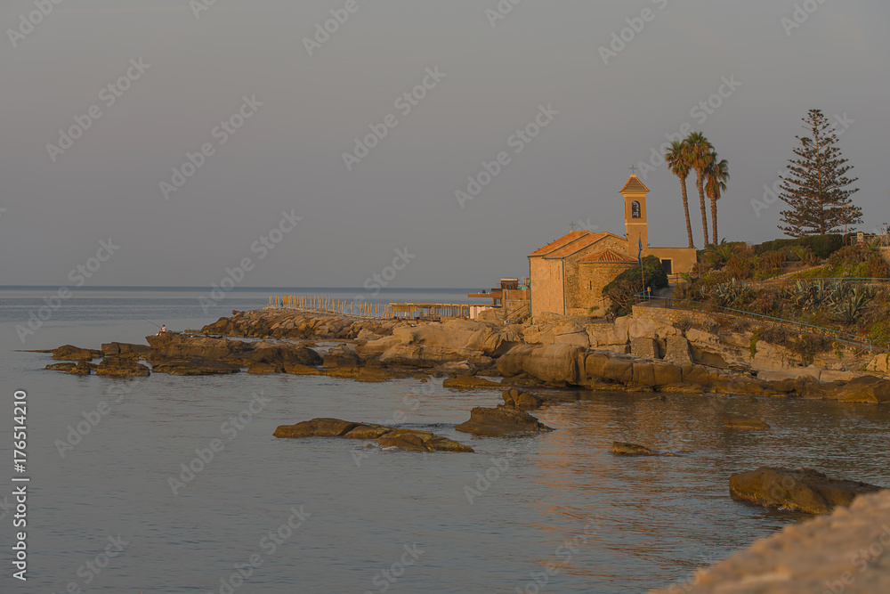 Italy, Liguria, little church at seaside,