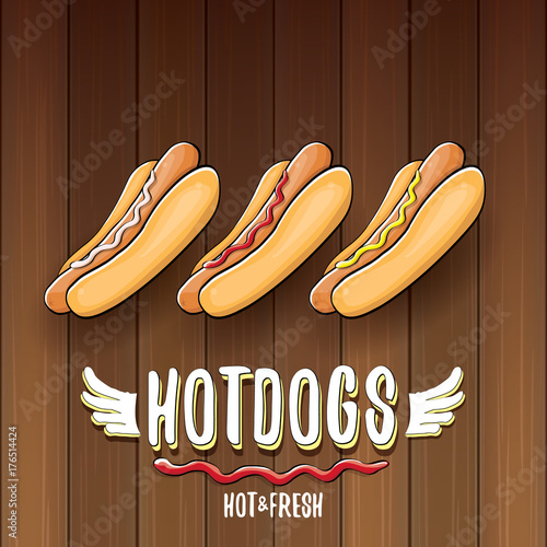 vector cartoon hotdogs label isolated on wooden table background. Vintage hot dog poster or icon design element collection.