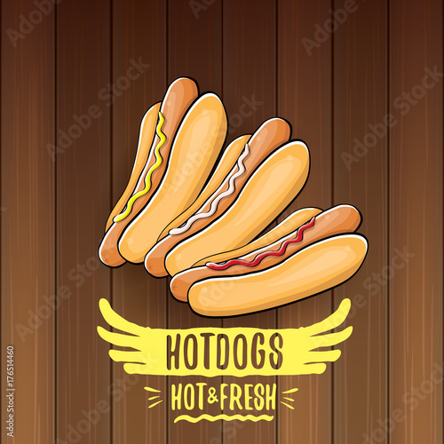 vector cartoon hotdogs label isolated on wooden table background. Vintage hot dog poster or icon design element collection.