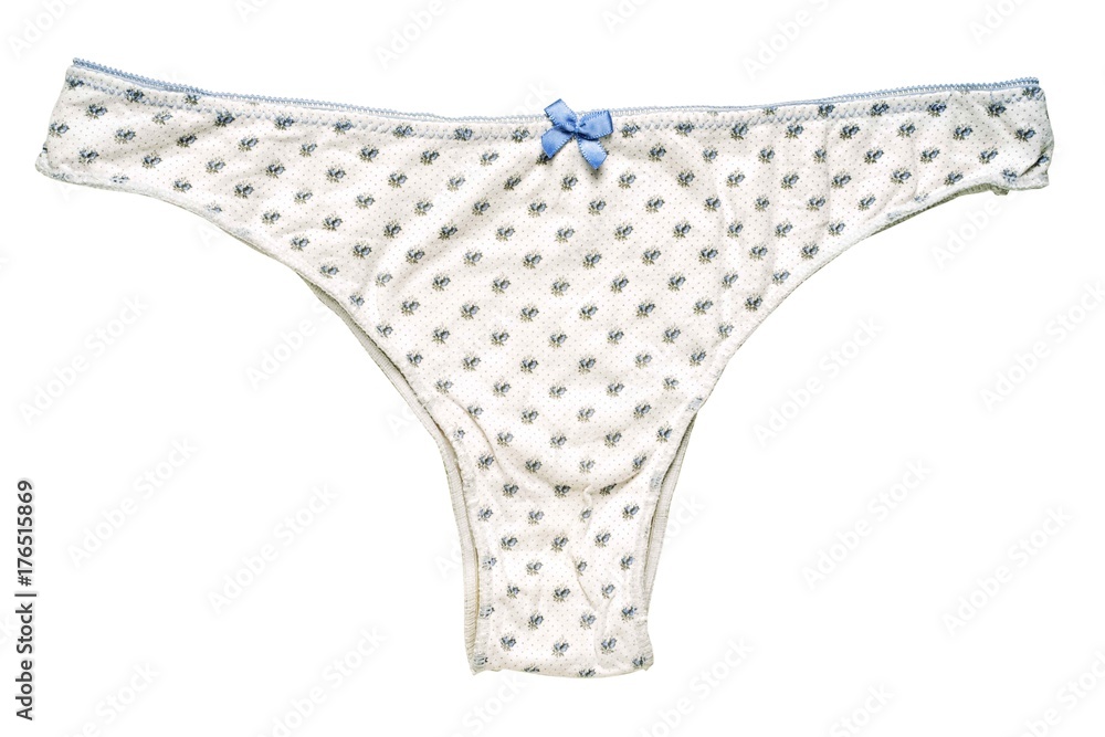 cotton female underpants, white in blue small flower, with blue bow isolated on white background cotton female underpants, white in blue small flower, with blue bow isolated on white background