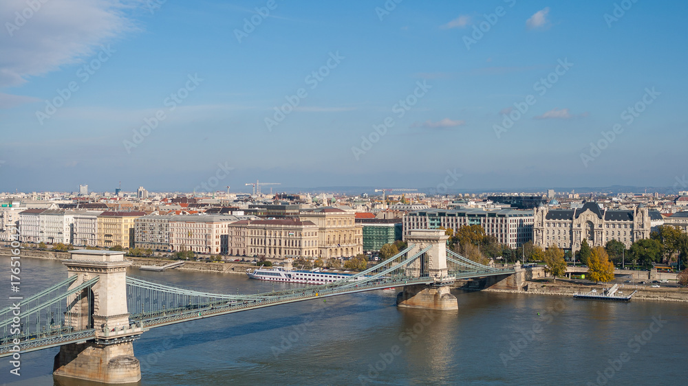 View of Szechenyi Chain Bridge, the first permanent bridge across the Danube, Budapest, Hungary