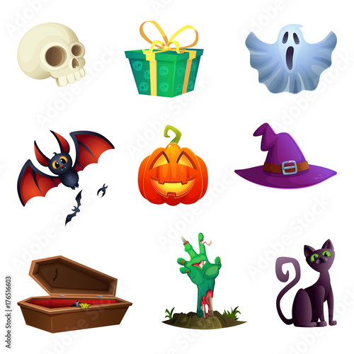 Halloween symbos collection. Cartoon style. Design of vector icons.