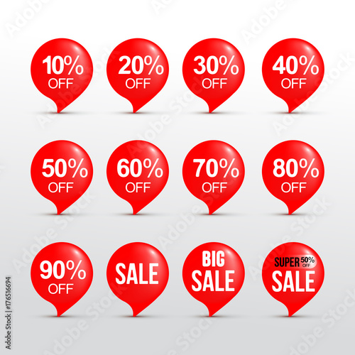Set of discount sticker. Sale red tag vector illustration. Discount offer price label, vector price discount symbol. Isolated on gray background