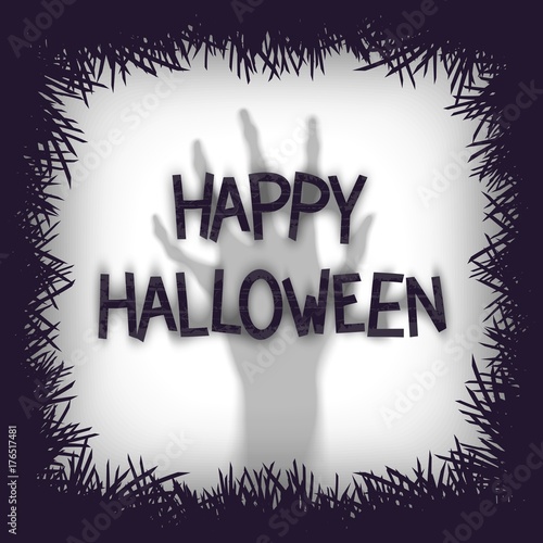 Happy Halloween. Simple horror design background with stylized lettering and zombie hand. Vector Modern Art