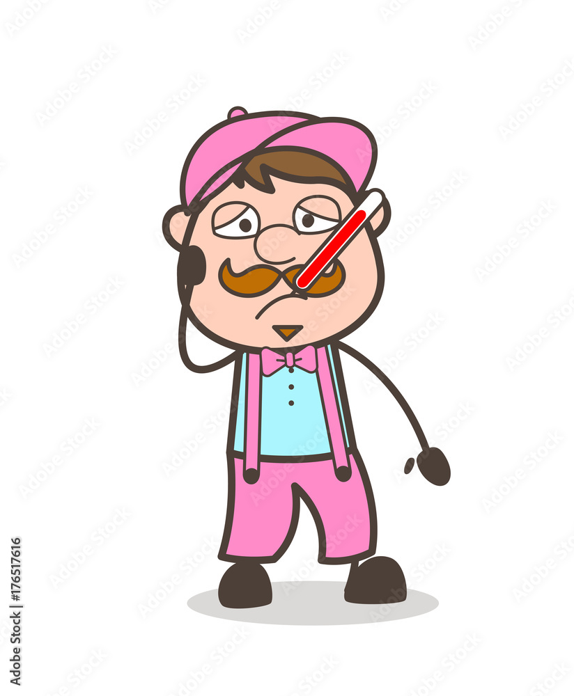 Ill Cartoon Ice-Cream Seller with Fever-Thermometer in Mouth