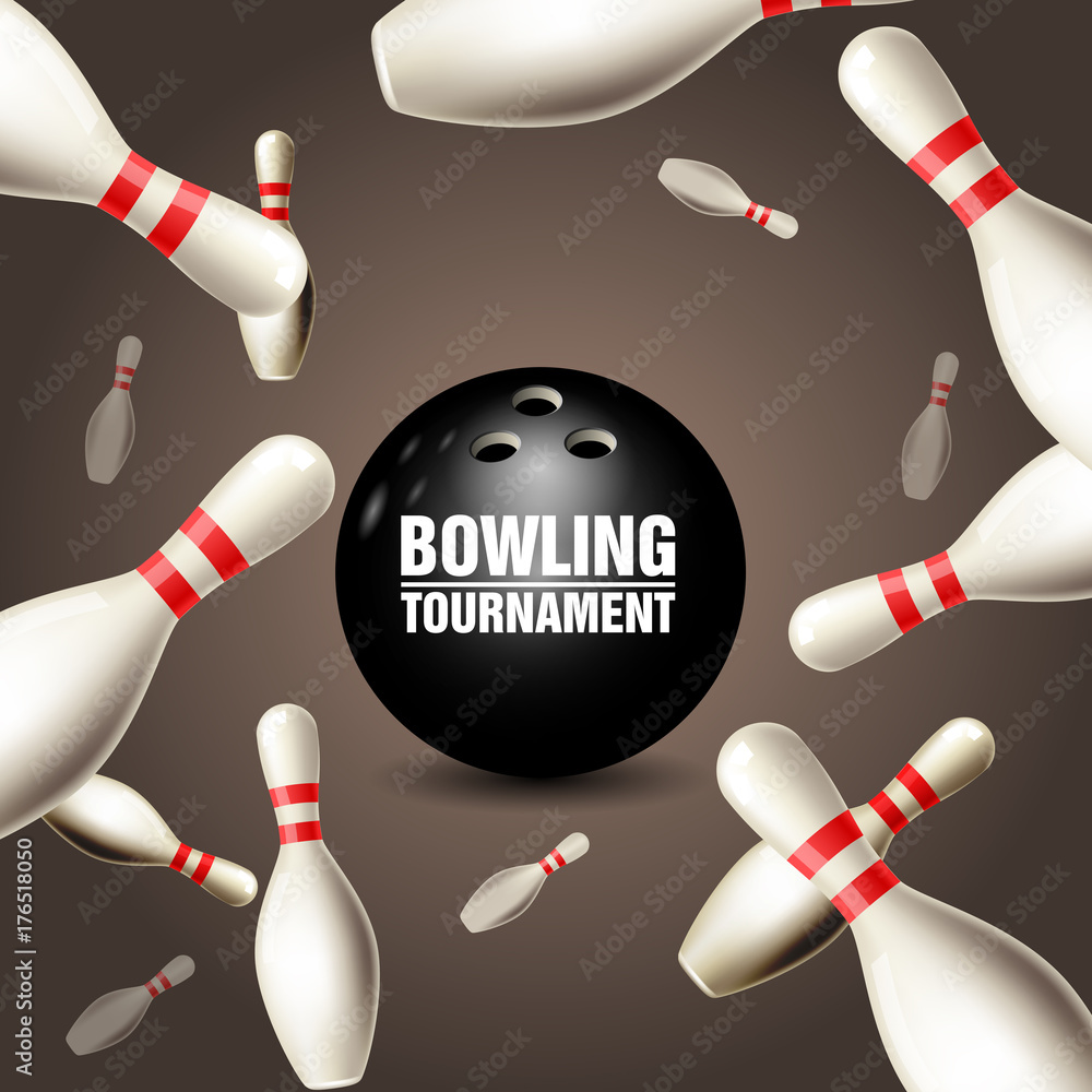 Bowling tournament invitation card frame of floating skittles and