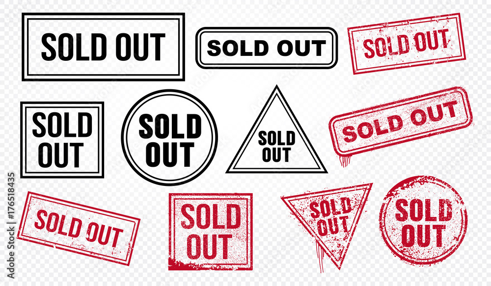 Set of sold out red end black grunge stamp, sale badge template. Vector ...