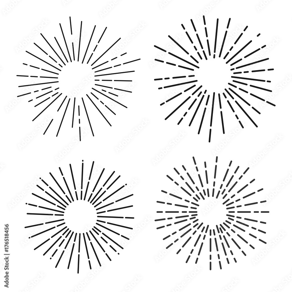 Set of sun rays, fireworks, linear drawing vector illustrator. Isolated on white background