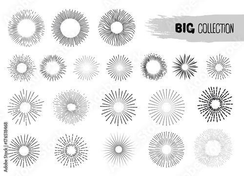 Set of sunburst frames. Sun burst shape. Firework design element. Old light rays, starburst. Vintage explosion logo, label, badge. Retro style. Freehand drawing. Vector. Isolated on white background