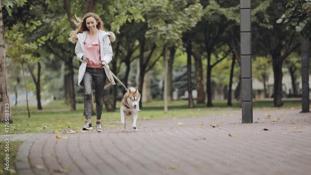 Woman jogging together with dog husky in park at the autumn day, slow motion Woman jogging together with dog husky in park at the autumn day, slow motion