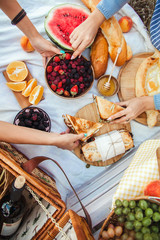 Beautiful young girls girlfriends on a picnic on a summer day with berry pie. The concept of leisure, privacy, communication, vacation, tourism