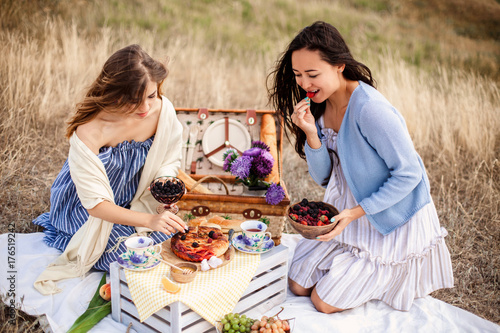 Beautiful young girls girlfriends on a picnic on a summer day. The concept of leisure, privacy, communication, vacation, tourism © mikhail_kayl