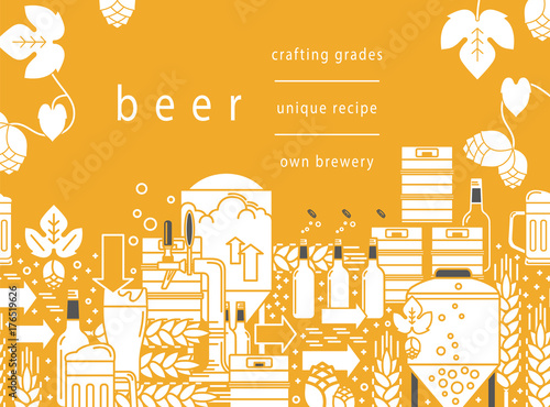 Beer tap, mug, glass with beer, kegs, bottles, equipment for brewery, hops, wheat. Linear pattern on a yellow background. Vector illustration. Cropped with a mask.