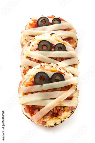 Halloween mummies mini pizzas isolated on white background