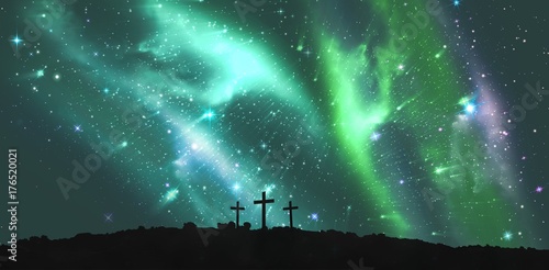 Cross religion symbol shape over sky with aurora borealis