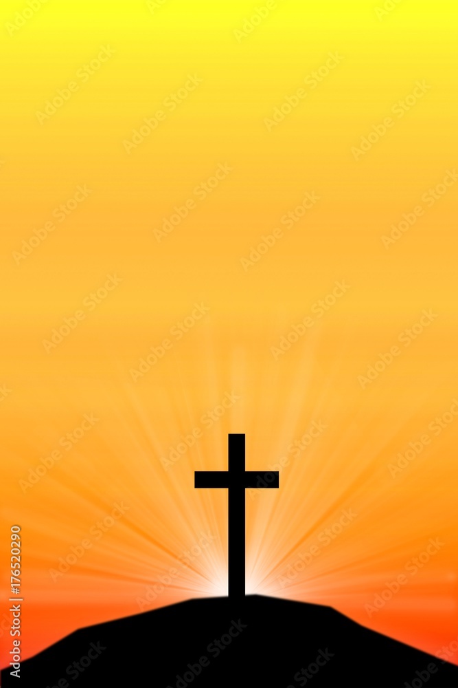 Cross religion symbol shape over sunset sky 